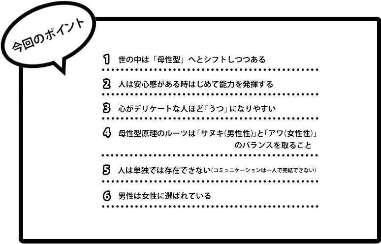 今回のポイント■   世の中は「母性型」へとシフトしつつある

■   人は安心感がある時はじめて能力を発揮する

■   心がデリケートな人ほど「うつ」になりやすい

■   母性型原理のルーツは「サヌキ（男性性）」と「アワ（女性性）」のバランスを取ること

■   人は単独では存在できない（コミュニケーションは一人で完結できない）

■   男性は女性に選べばれている